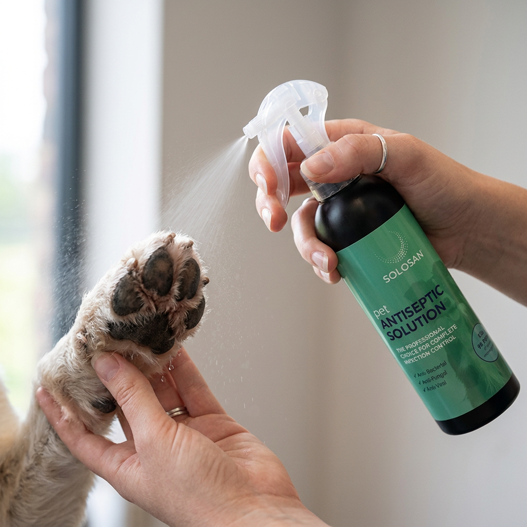 Applying Solosan Antiseptic Spray onto pet skin for relief and antiseptic properties.