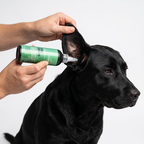 Applying Solosan ear drops onto pet dog ear for routine cleansing