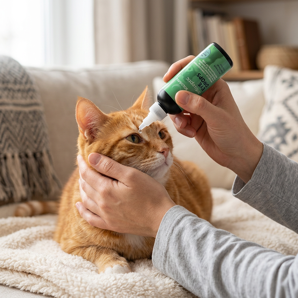 Applying Solosan eye drops onto pet cat eye for routine cleansing