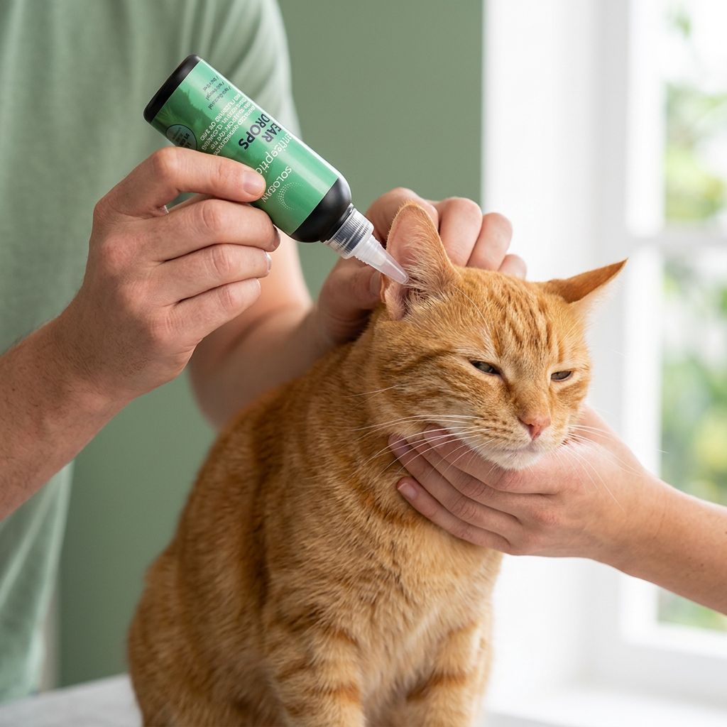 Solosan antiseptic ear drops for cats, showing a clear bottle with a dropper and label for feline ear health treatment.