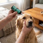 Applying Solosan eye drops onto pet dog eye for routine cleansing